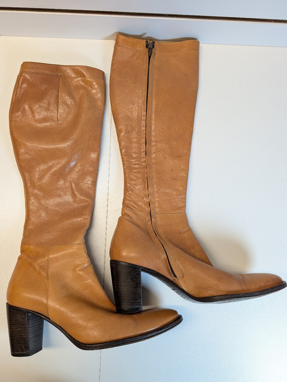 VTG Burberry Prorsum Tan Tall Leather Boots with Side Zipper Size 37 EUC